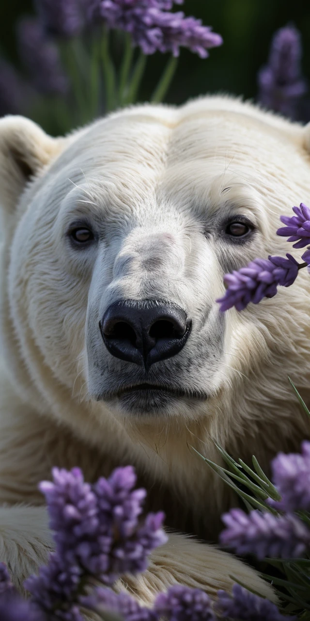 Sleeping polar bear resting among soft purple flowers