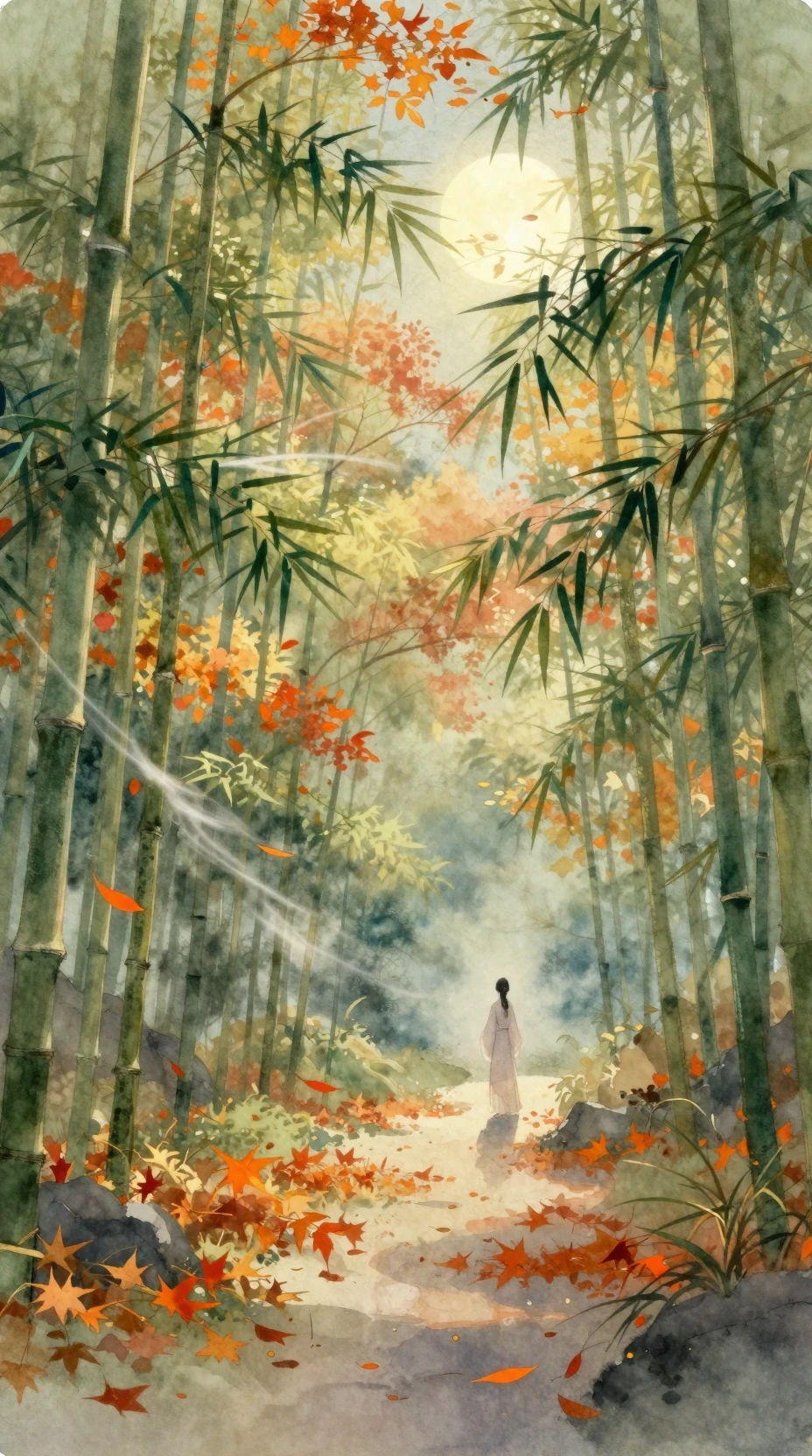 Figura solitária em floresta outonal ao luar com folhas caindo