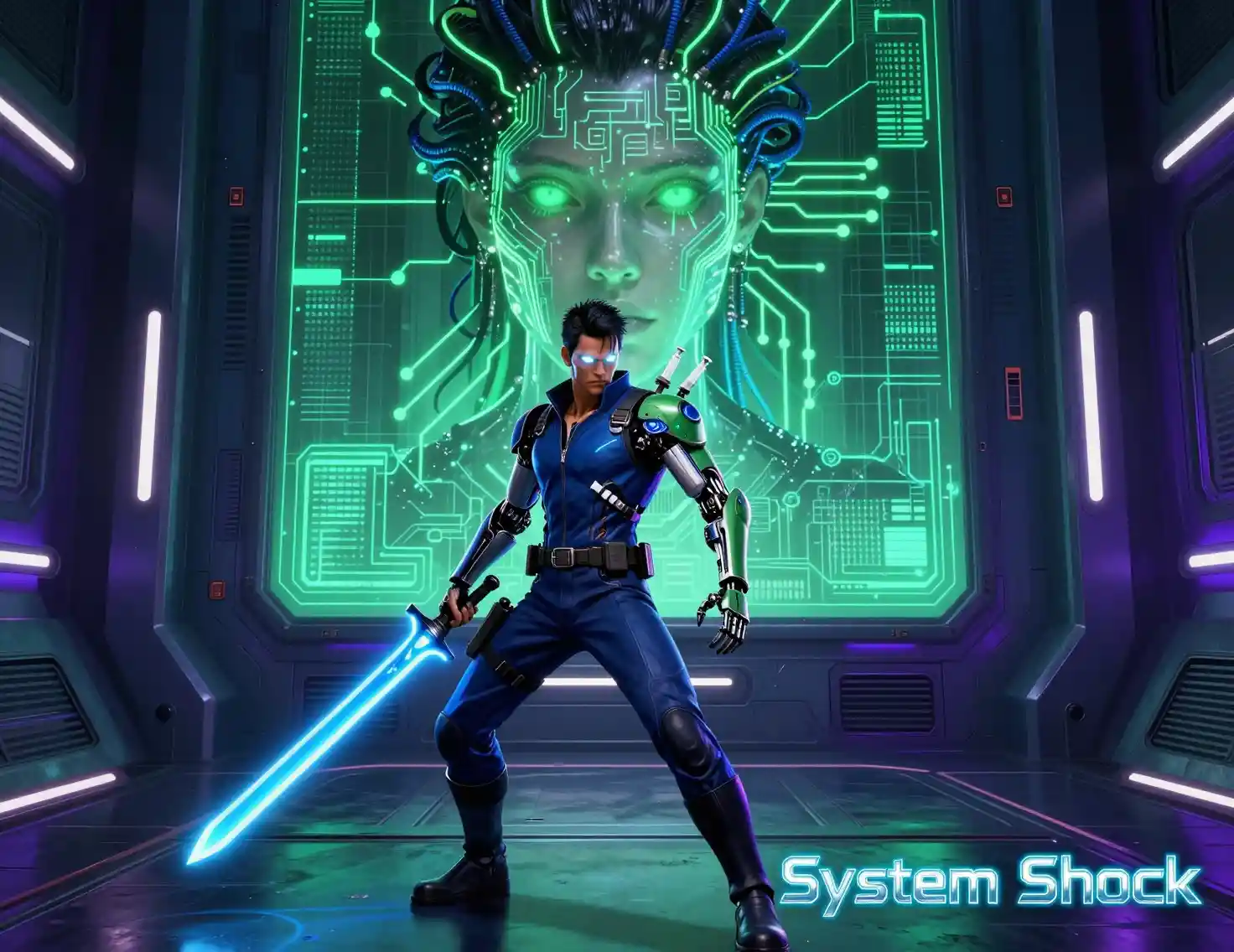 Cyborg warrior with energy sword in neon sci fi corridor