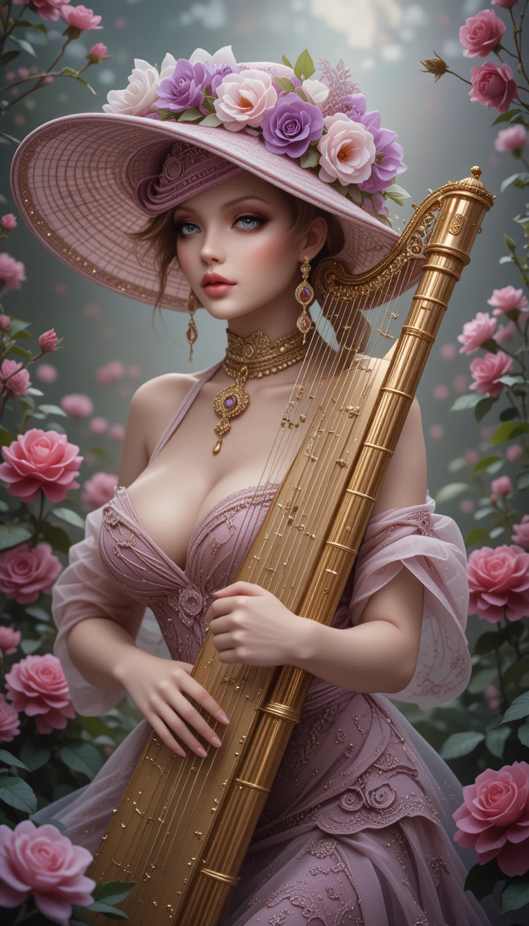 Woman in floral hat playing golden harp in rose garden