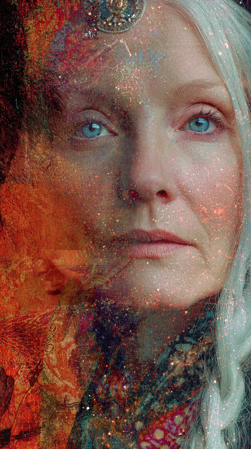 Surreal portrait of an aging bohemian woman in warm hues