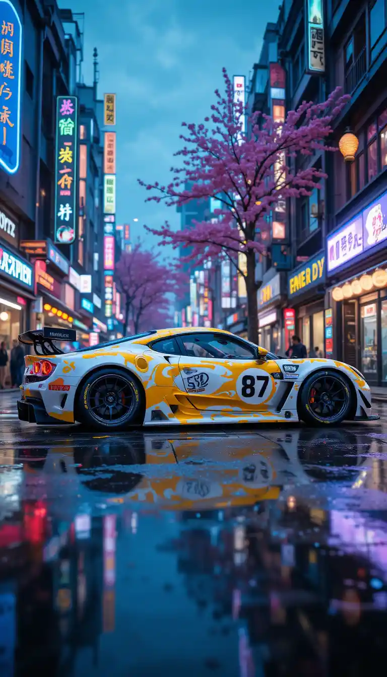 Cyberpunk racing car on wet neon lit city street