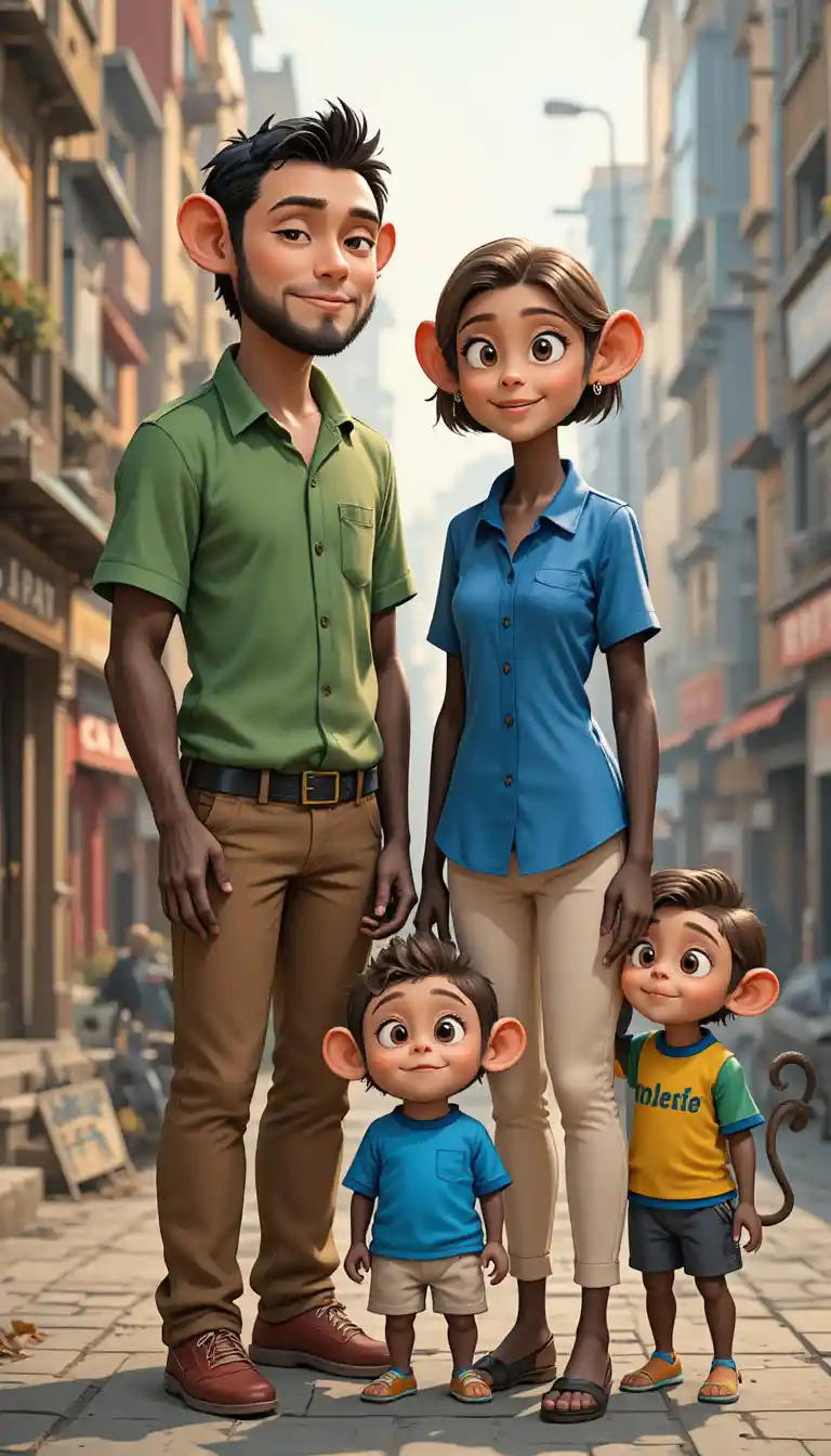 Cartoon monkey family standing together by the city edge