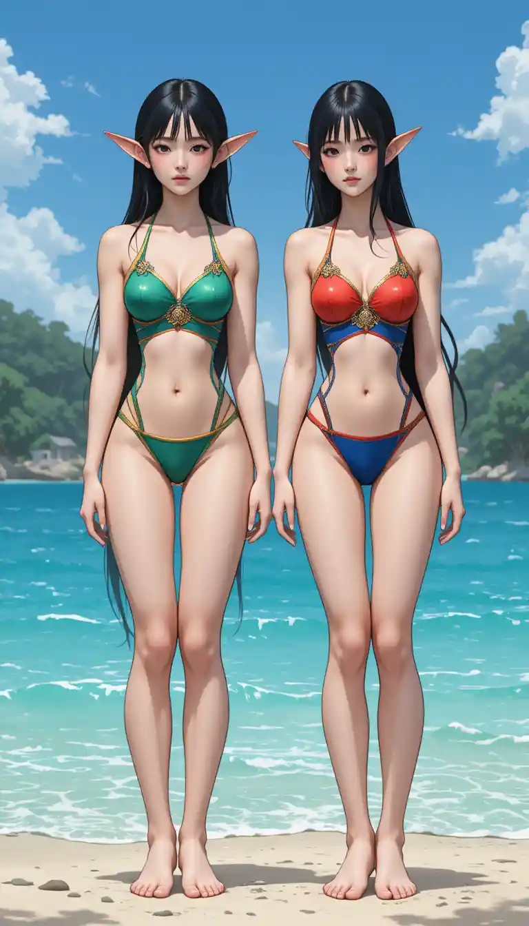 Shy elf girl in emerald and gold swimsuit full body view