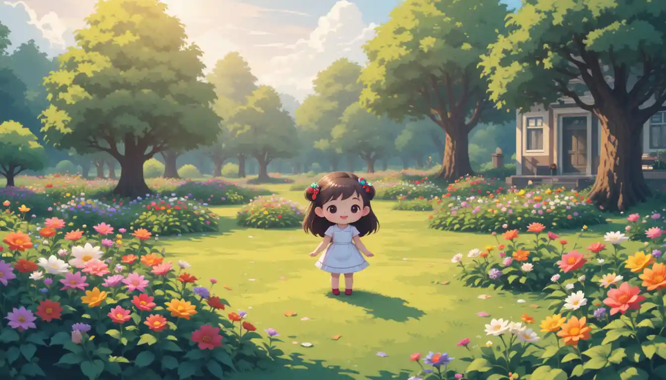 Cute girl standing happily in a colorful pixel garden