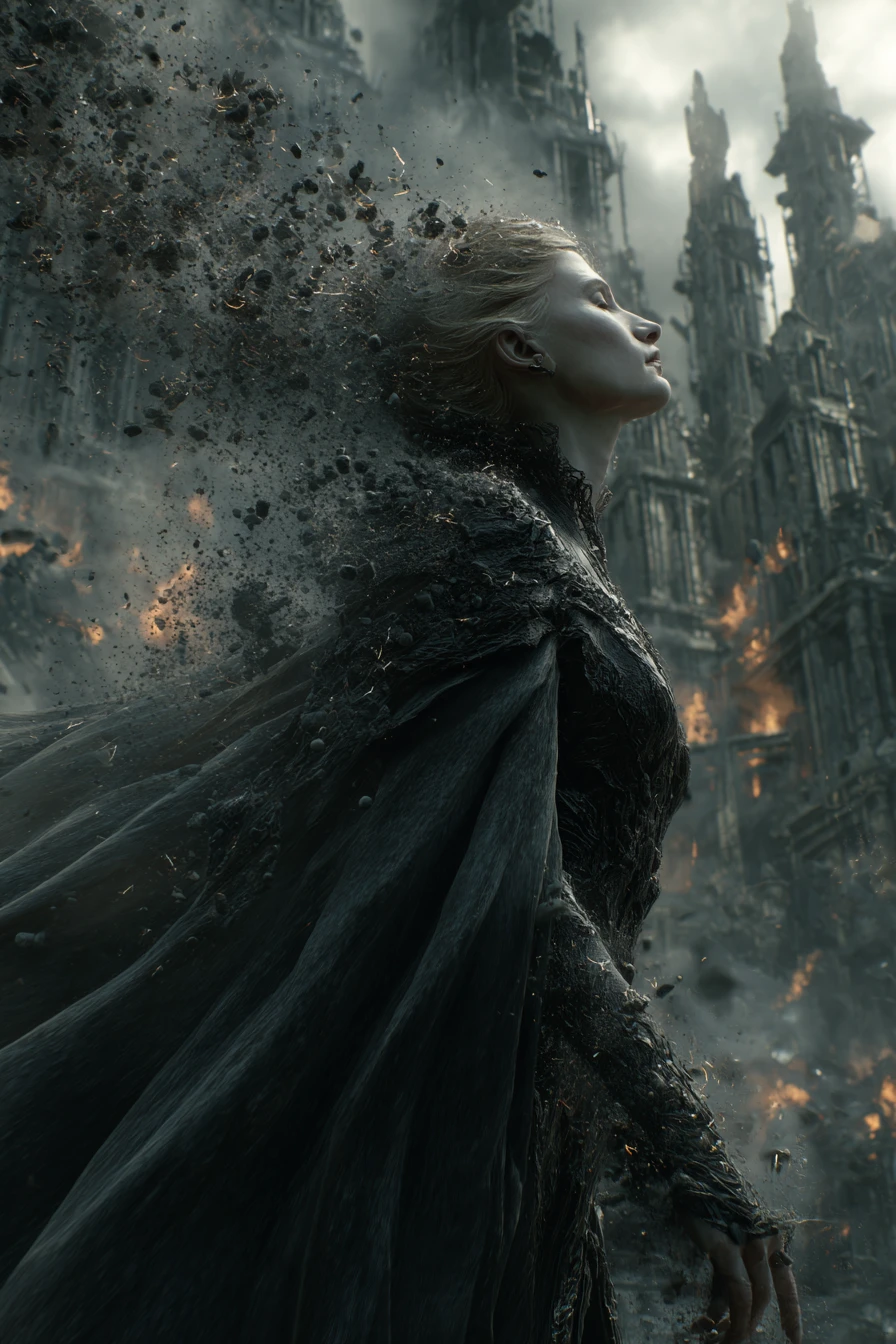 Dark sovereign woman rising from swirling bone ash vortex