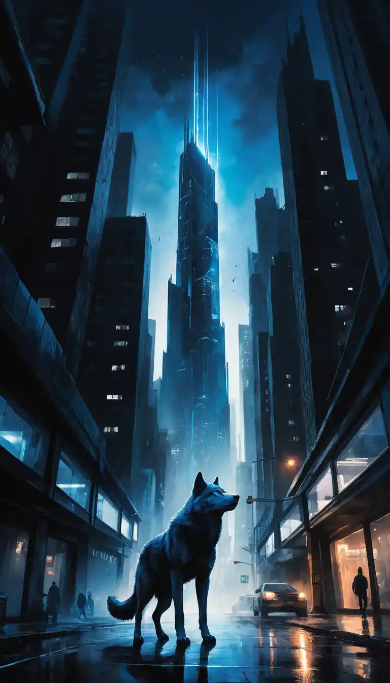 Futuristic city skyscraper with glowing wolf shaped neon light