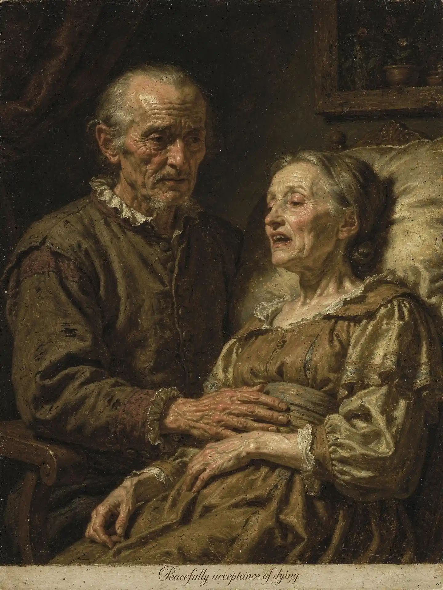 Anziano accanto alla moglie morente in una luce soffusa ed eterea
