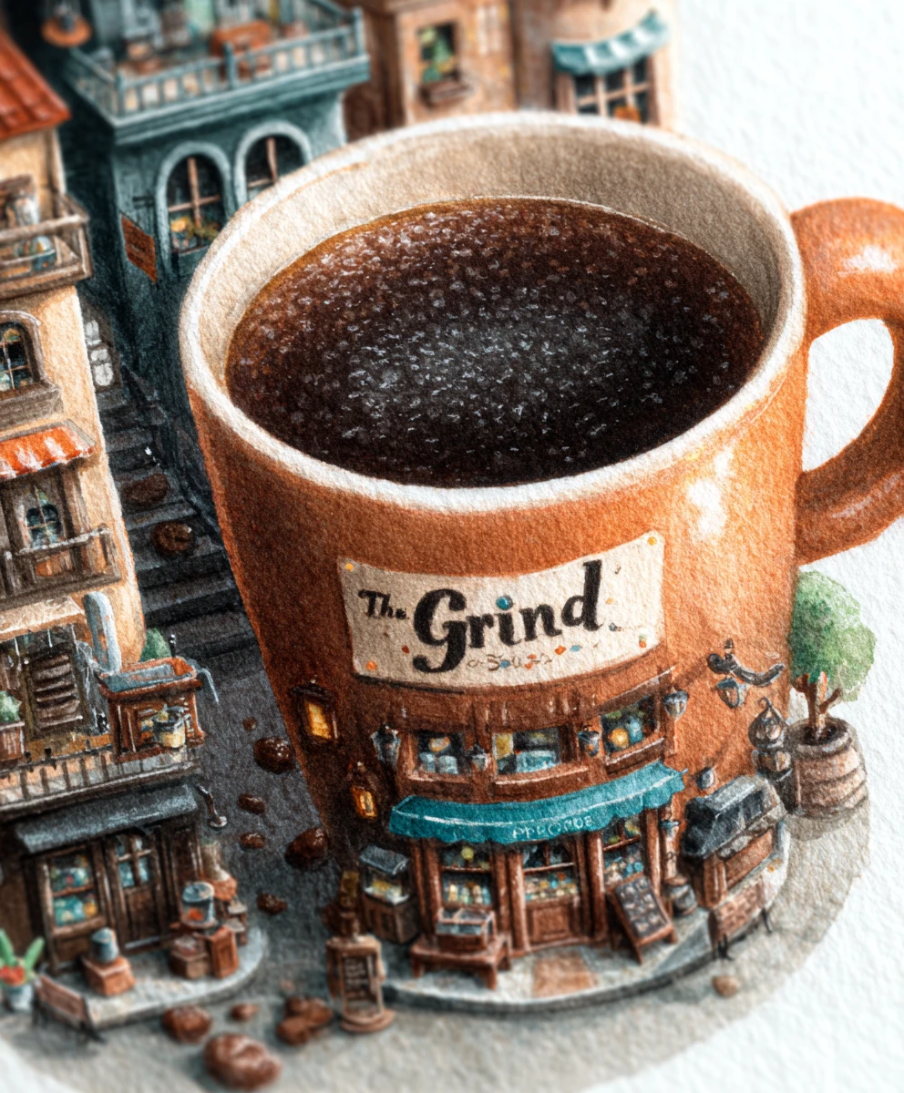 Extreme close up of coffee mug transformed into tiny cafe