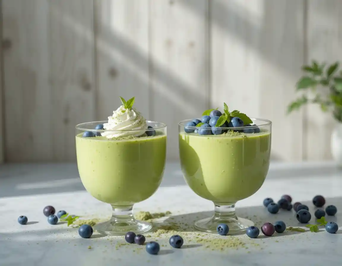 Postres de mousse de matcha con arándanos sobre encimera de cocina gris