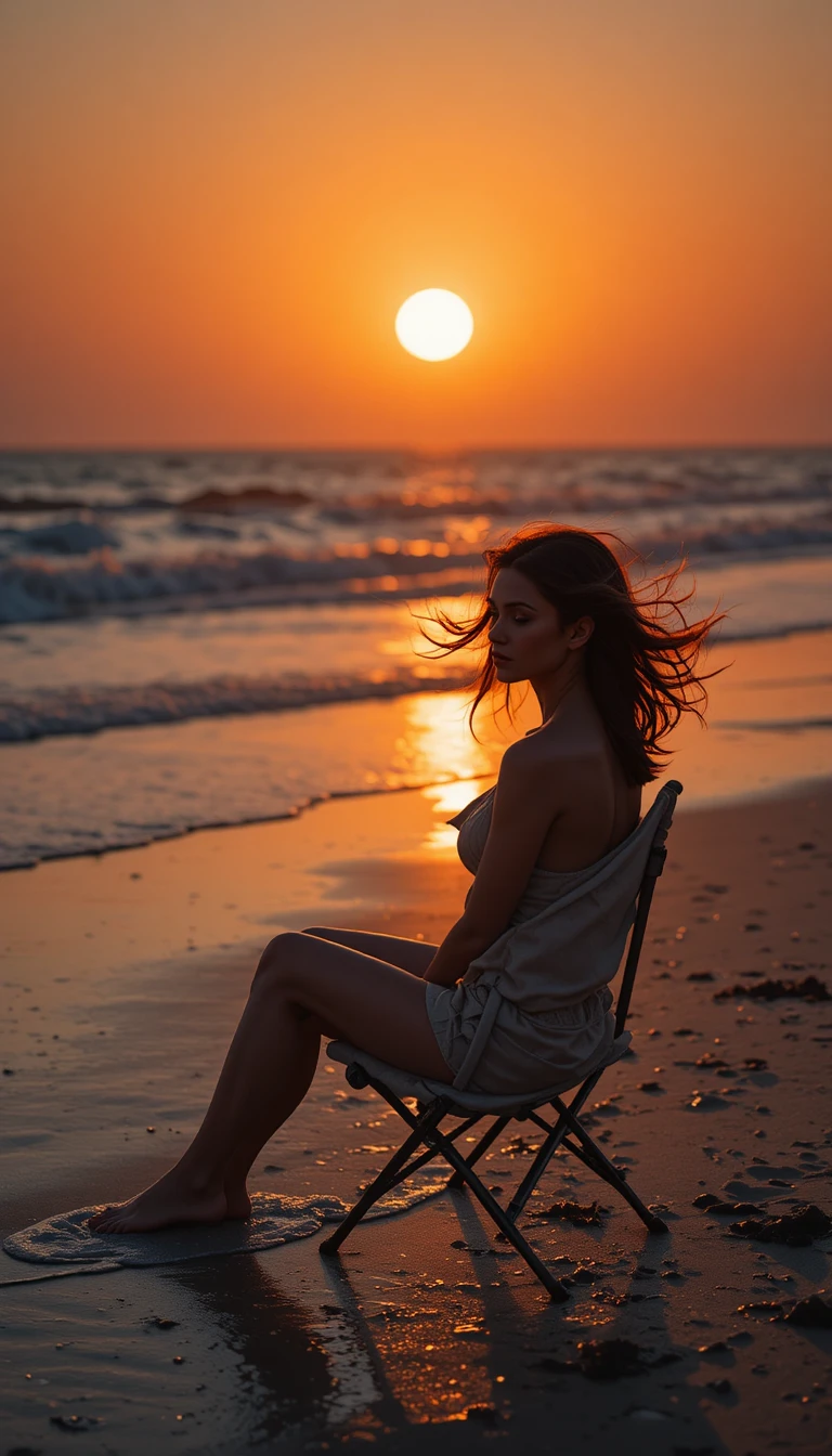 Silhouettierte Frau am Strand bei Sonnenuntergang mit leuchtendem Meer