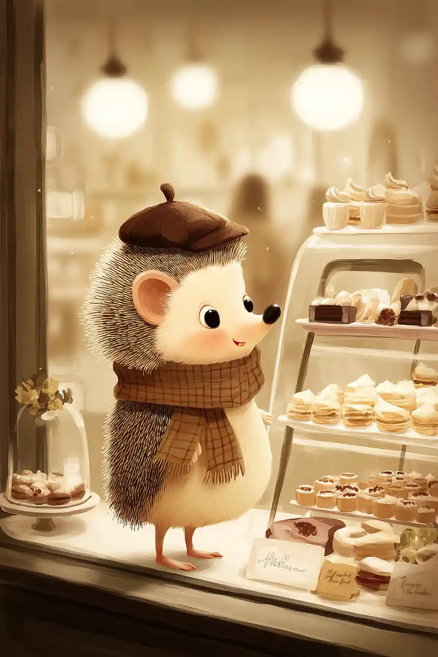 Cute Cartoon Hedgehog Standing In A Cozy Bakery