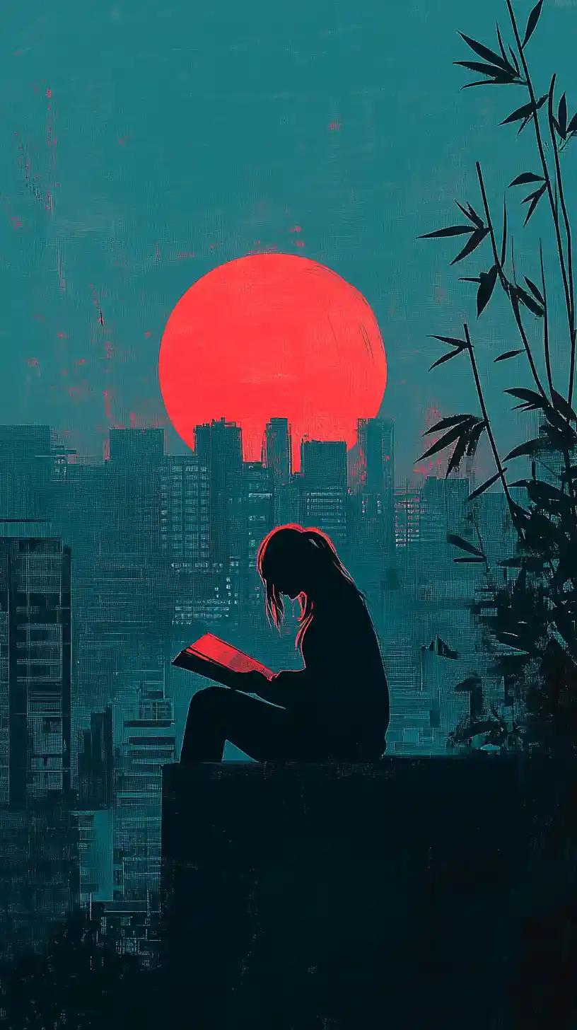 Anime girl reading alone on a city rooftop at sunset