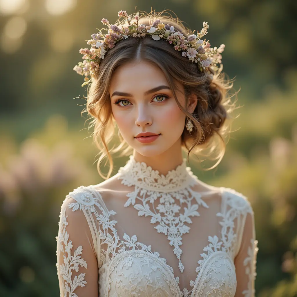 Bride in lace gown at golden hour outdoor portrait