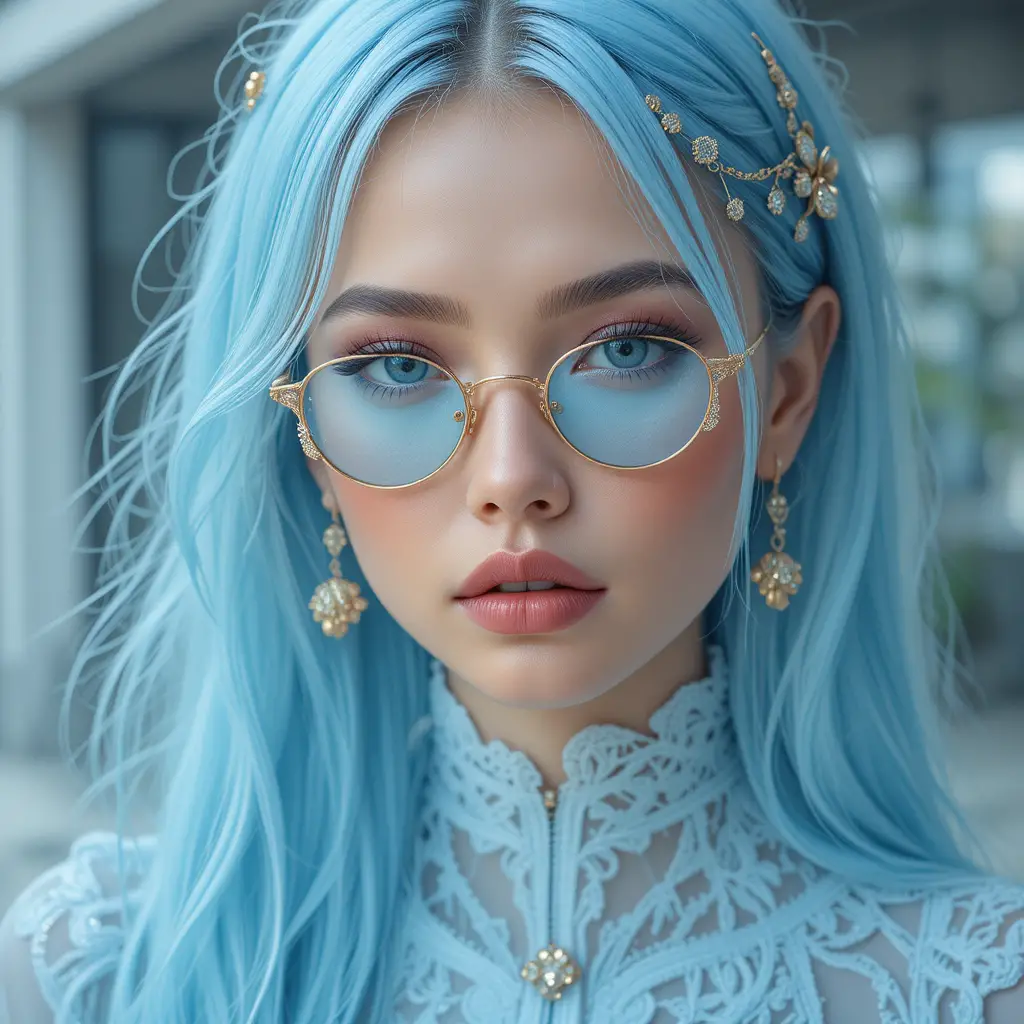 Streetwear moderno azul gelo com detalhes em dourado e renda