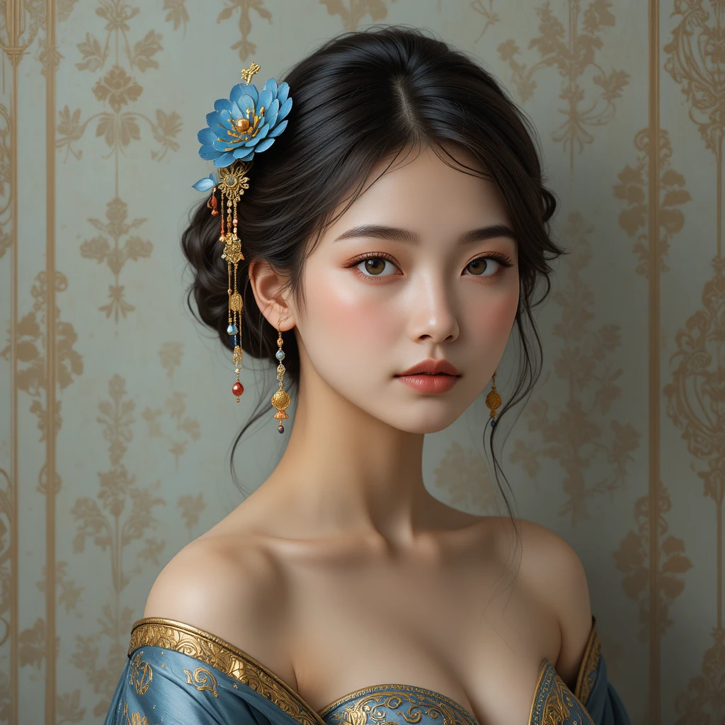 Elegant young woman with floral hairpiece in soft illustration