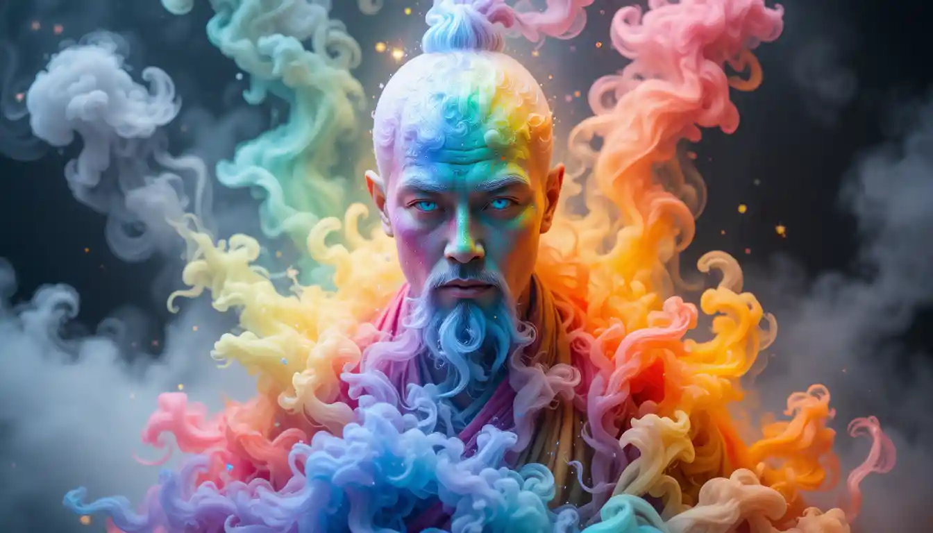 Rainbow smoke Chinese monk with glowing blue eyes