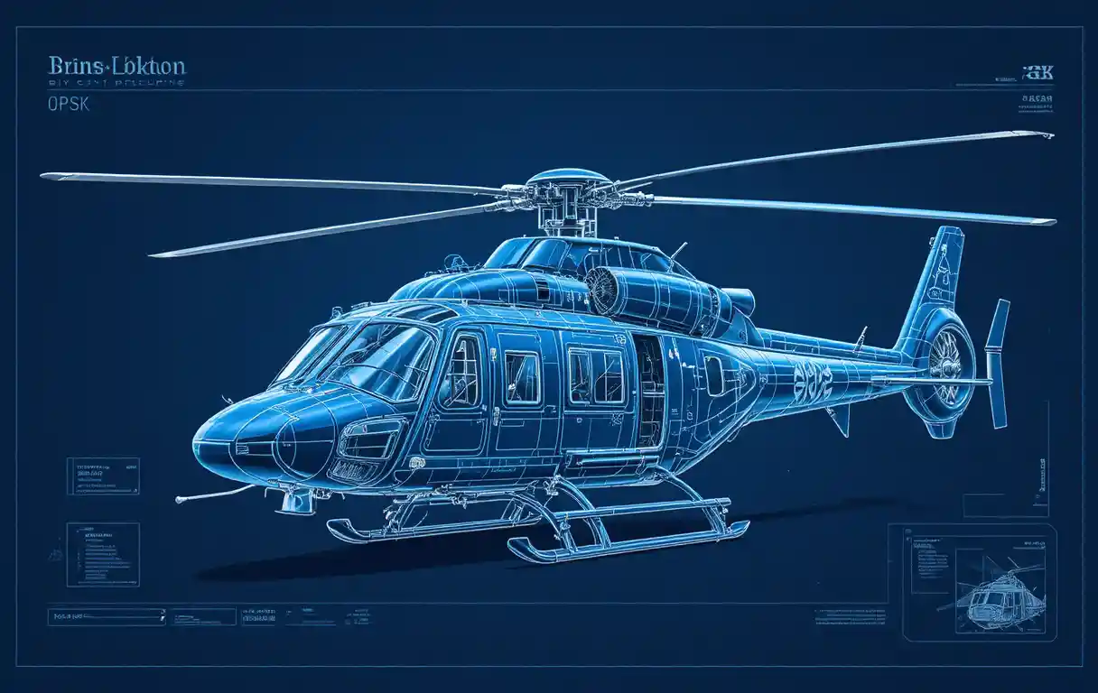 Blueprint style illustration of a detailed helicopter design