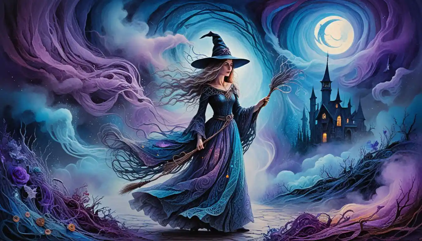 Enigmatic witch in swirling mystical blue and purple mist