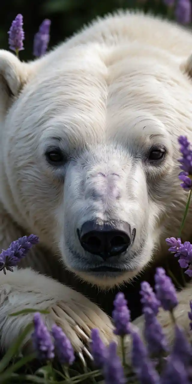 Sleeping polar bear resting in purple flower bed