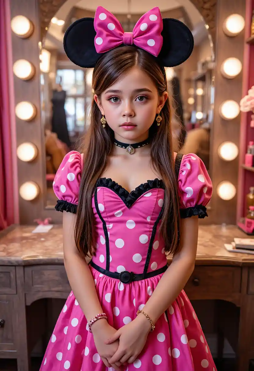 Garçon préadolescent déguisé en Minnie Mouse dans un décor de boutique