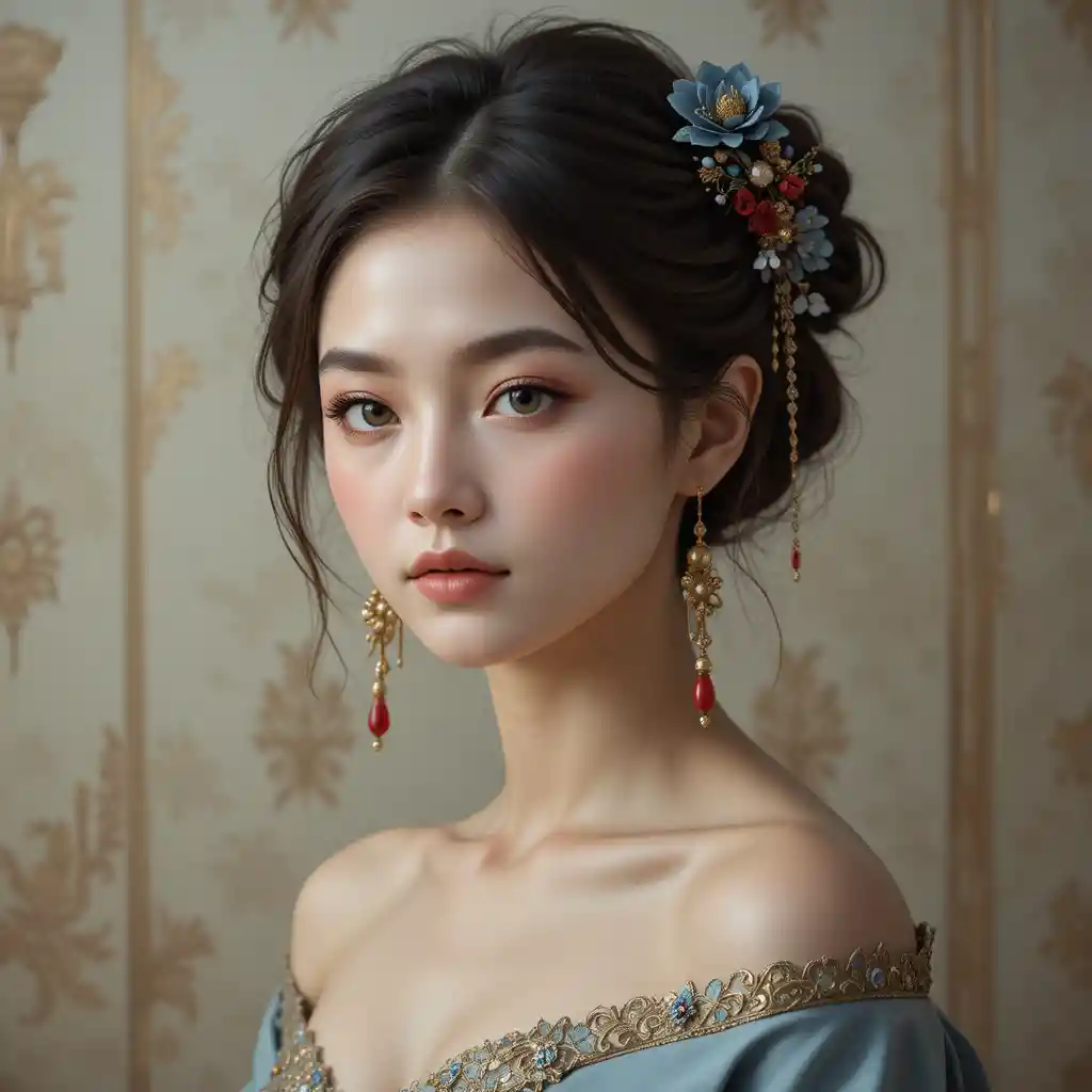 Elegant young woman with floral hairpiece portrait