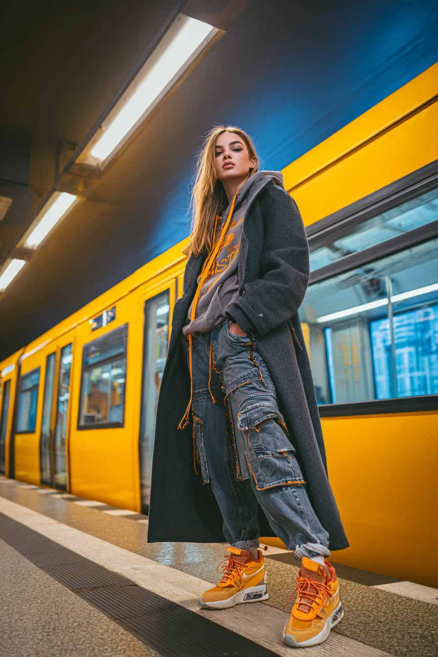 Woman on Berlin subway platform in urban tactical outfit