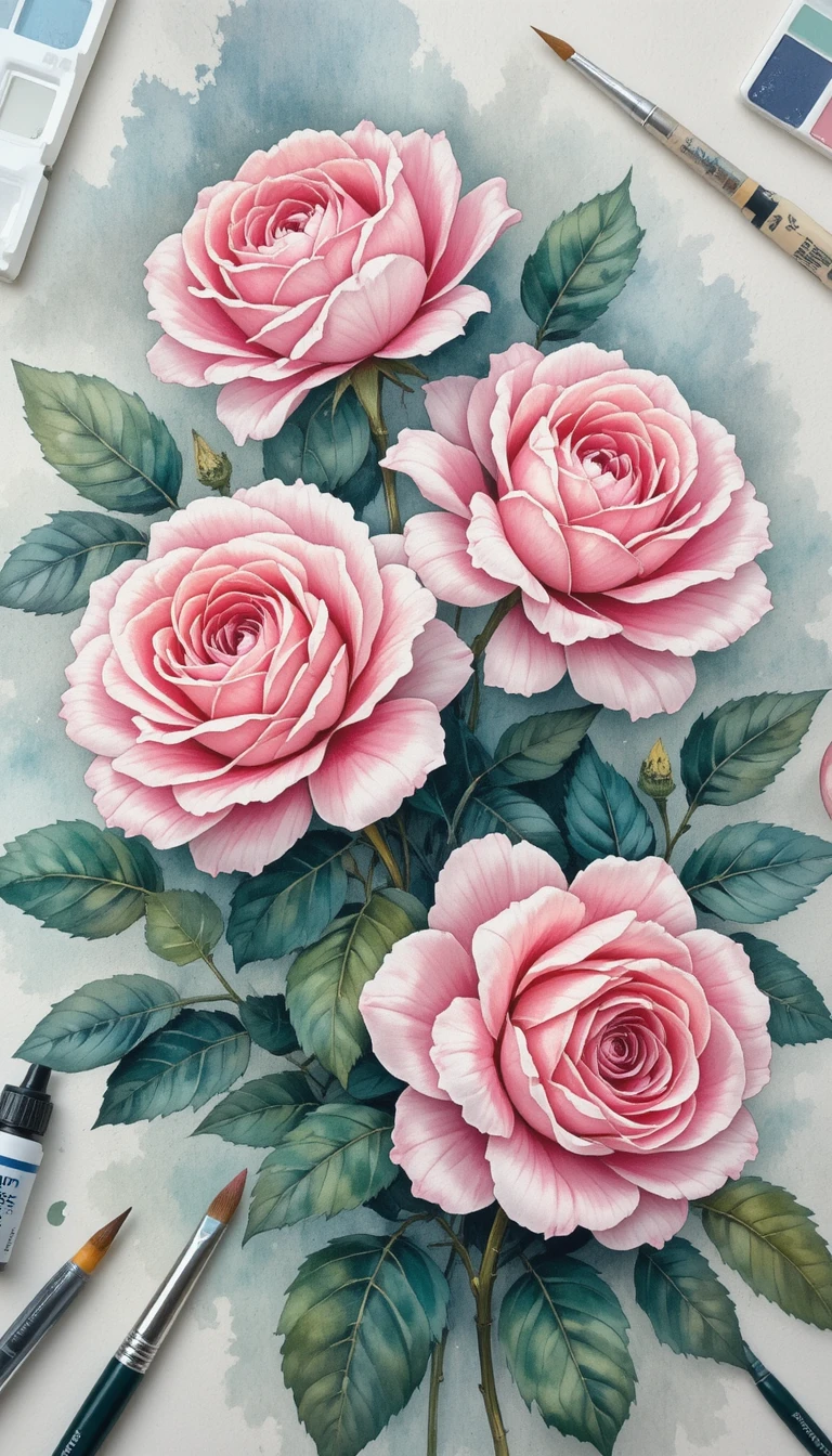 Detailed watercolor roses with artist tools on table