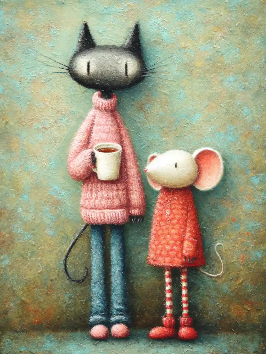 Whimsical mixed media portrait of a cute pirate cat