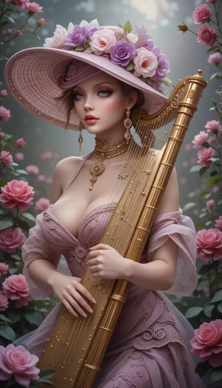 Woman in floral hat playing golden harp in rose garden