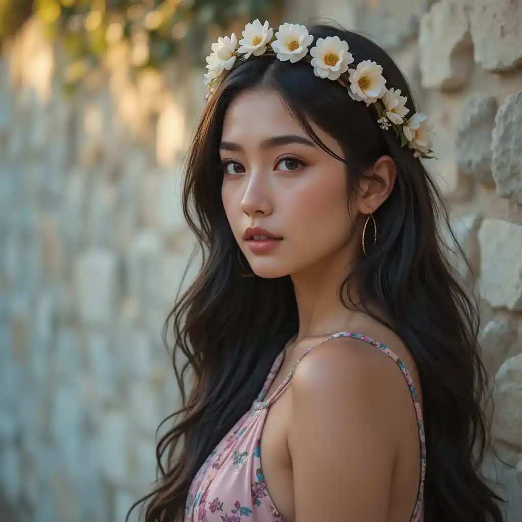 Bohemian woman in flower crown at golden hour portrait