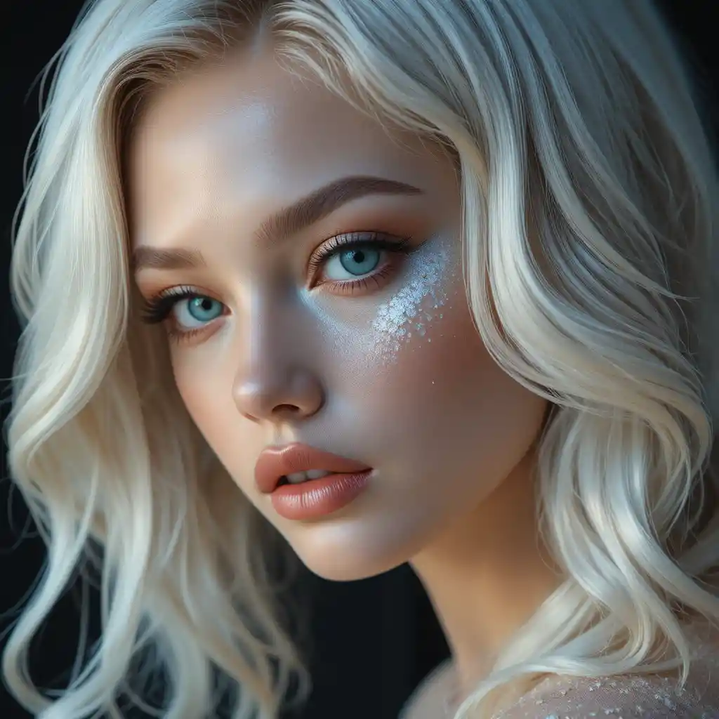 Femme fashion nacrée aux cheveux ondulés et aux yeux bicolores