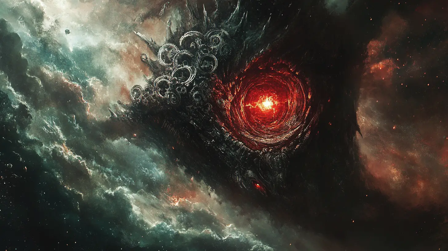 Colossal biomechanical leviathan rising from a swirling nebula
