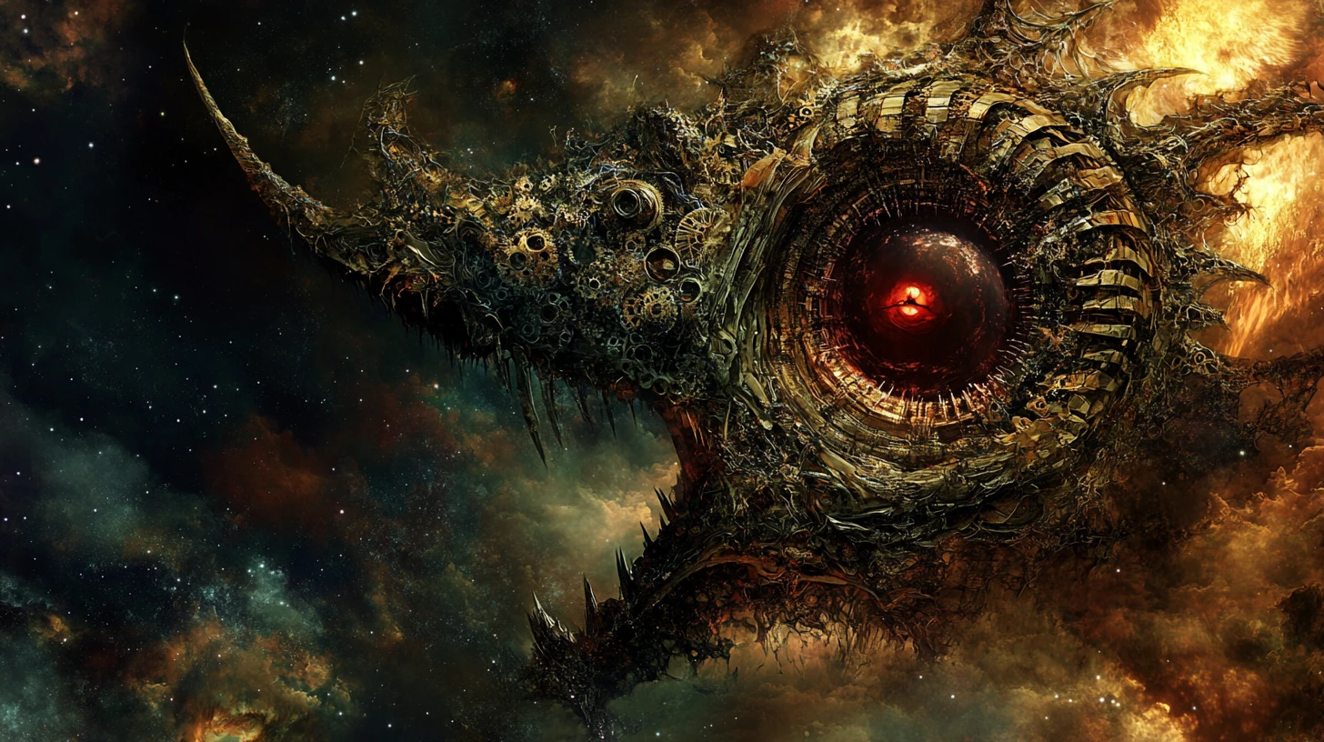 Colossal biomechanical leviathan emerging from a glowing nebula