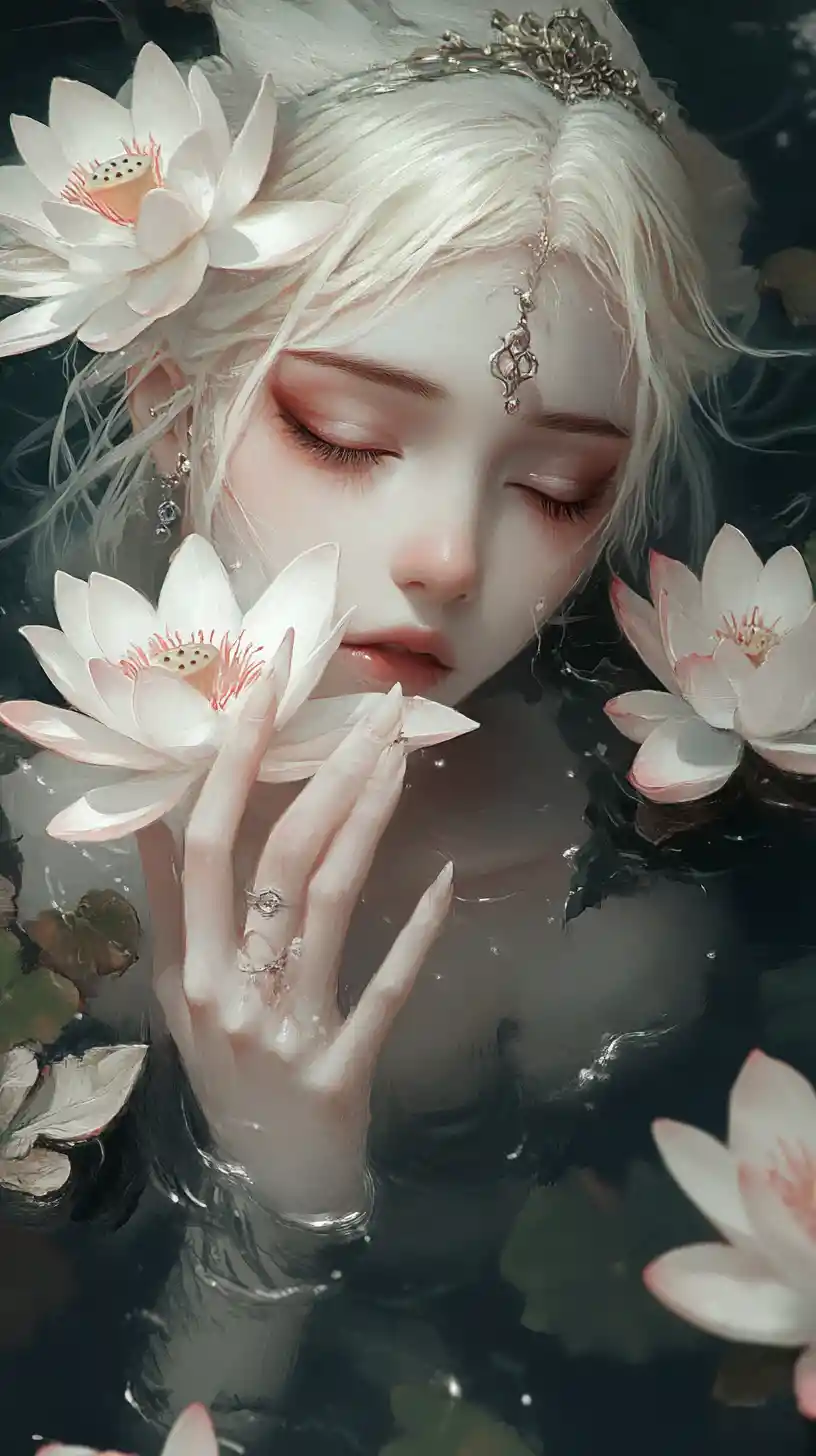 Ethereal woman with lotus flowers in soft shadow