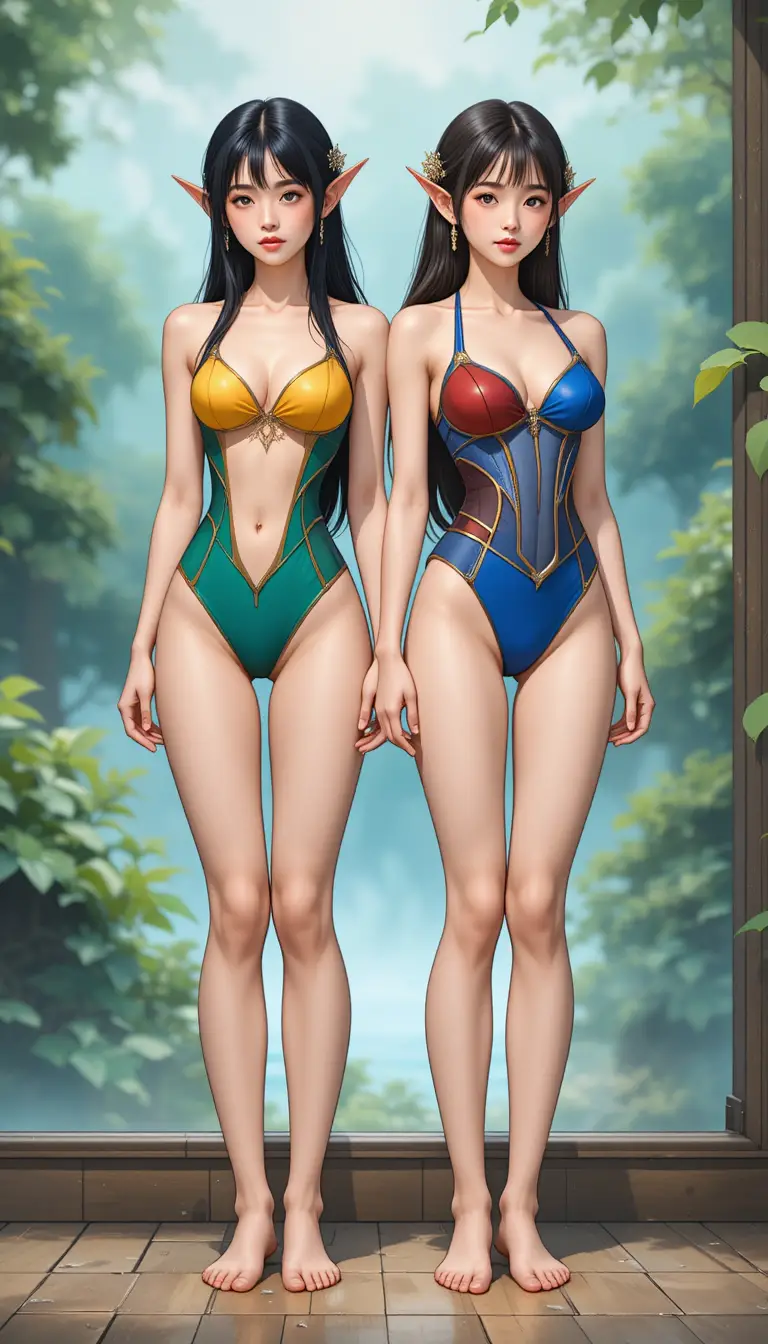 Shy elf girl in green and gold swimsuit full body view