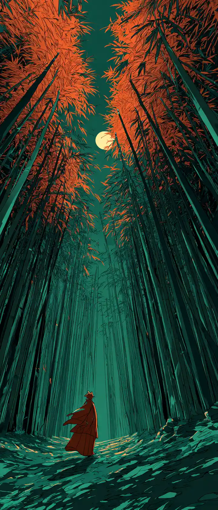 Chica espíritu zorro saltando por un bosque de bambú brillante