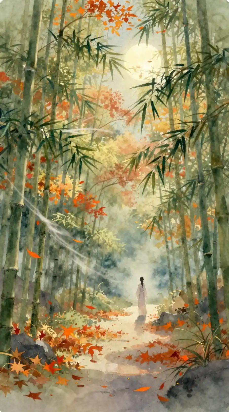 Lone figure in moonlit autumn forest with falling leaves