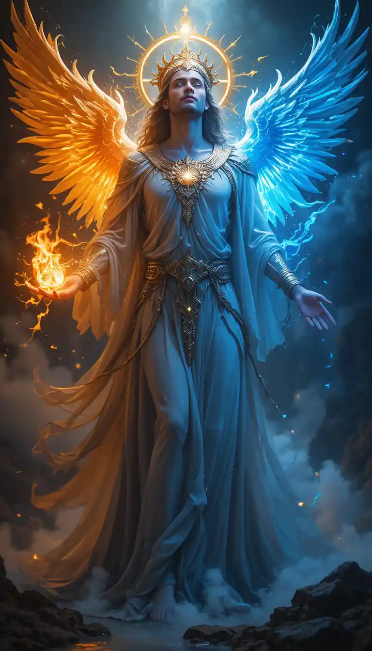 Angelic messenger guarding a luminous vision of paradise