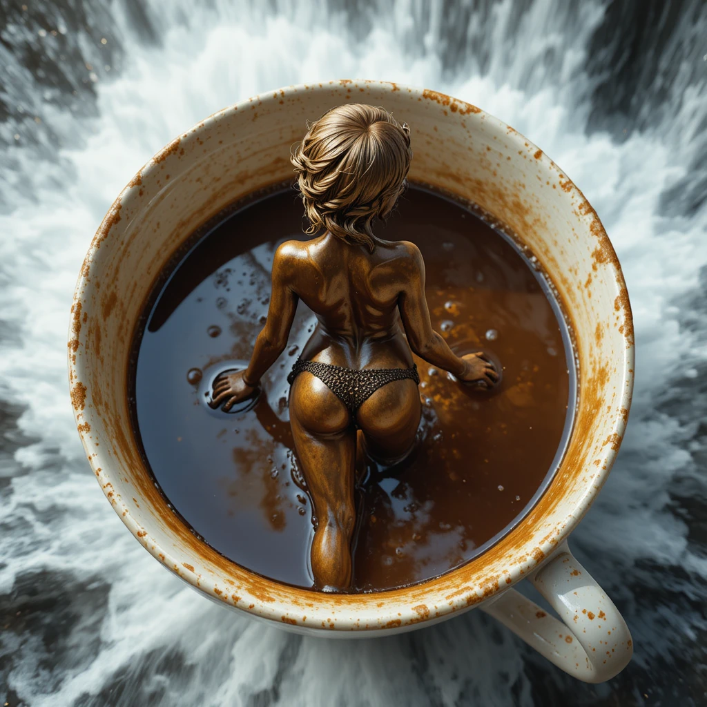 Bronze woman statue in coffee cup above a waterfall