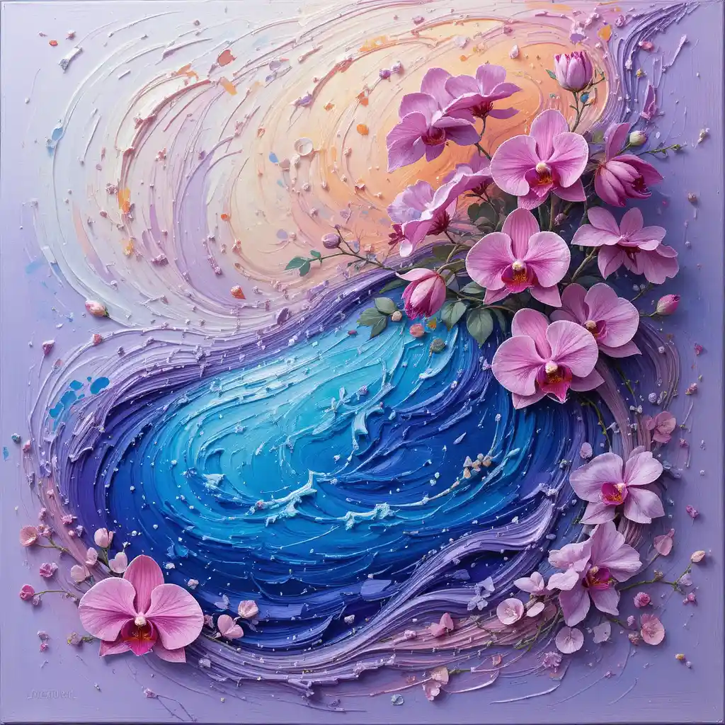 Impasto pastel painting of a blue lagoon with orchids