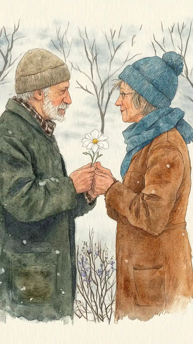 Illustrazione di una coppia anziana che si scambia un fiore bianco in inverno