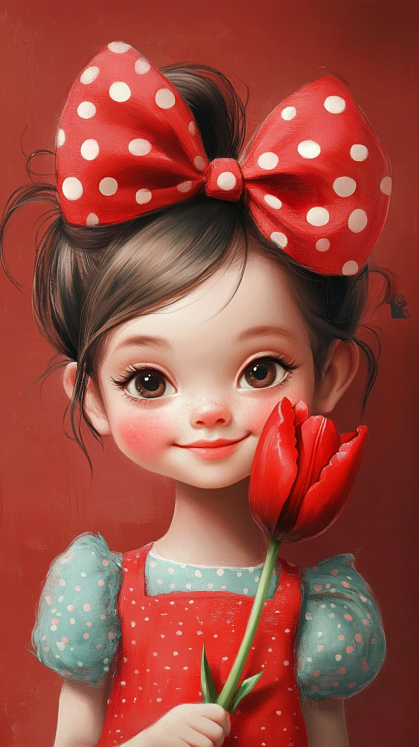 Dolce bambina con fiocco rosso che annusa un tulipano