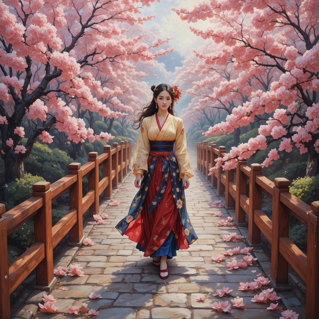 Woman on a bridge surrounded by soft cherry blossoms