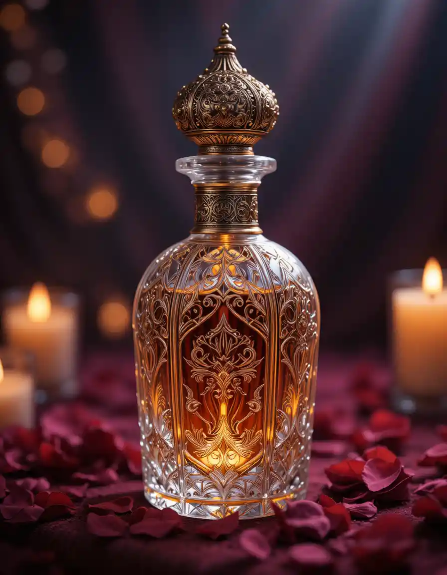 Verzierte arabische Parfümflasche aus Kristall mit leuchtender Bernsteinflüssigkeit