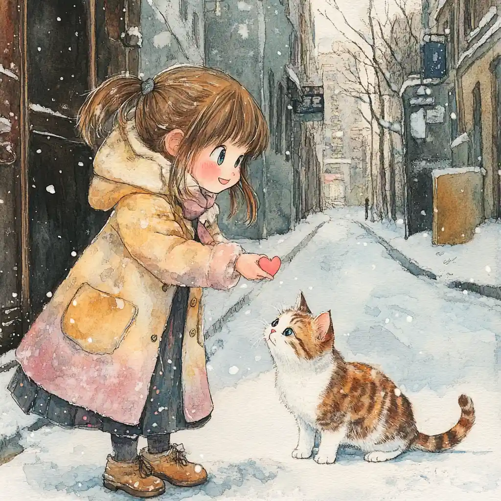 겨울 거리에서 고양이에게 하트를 건네는 소녀