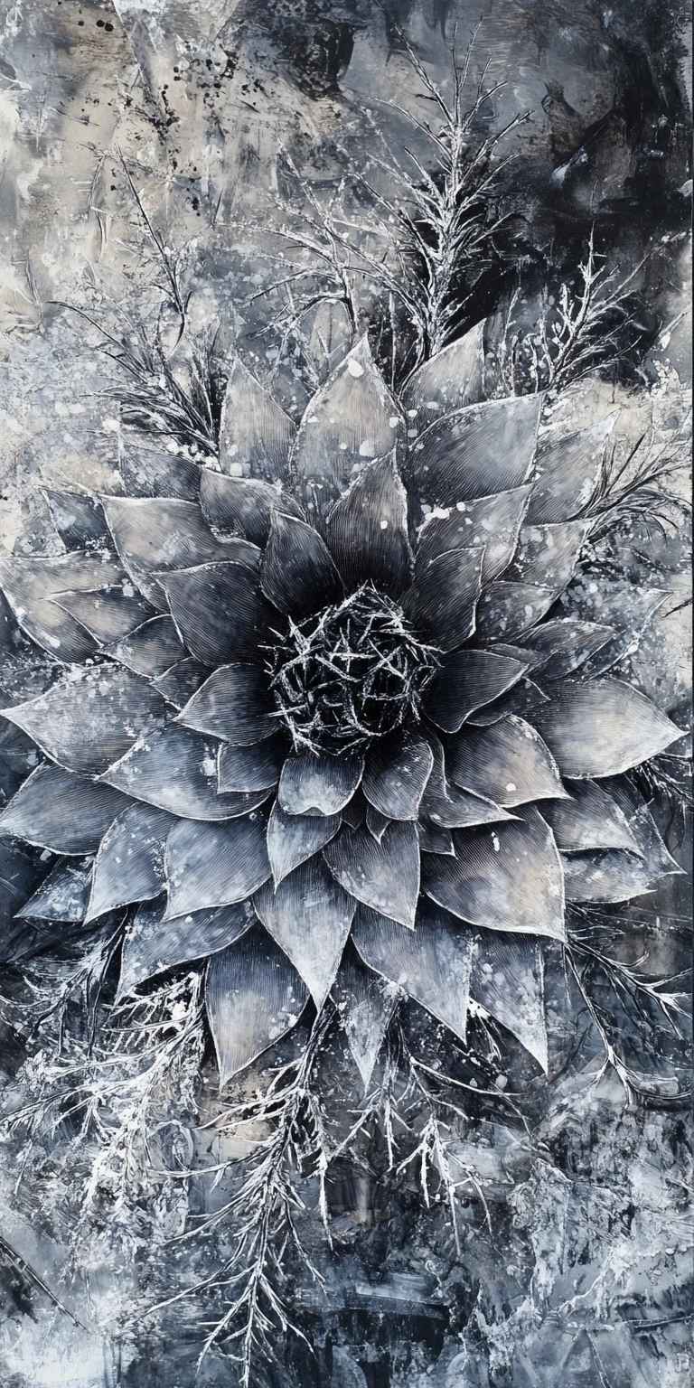 Surreal collage of a frozen charcoal rose and snowflake