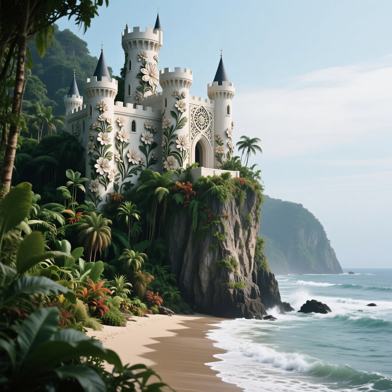 Castillo futurista en un acantilado sobre las olas de una playa de selva tropical