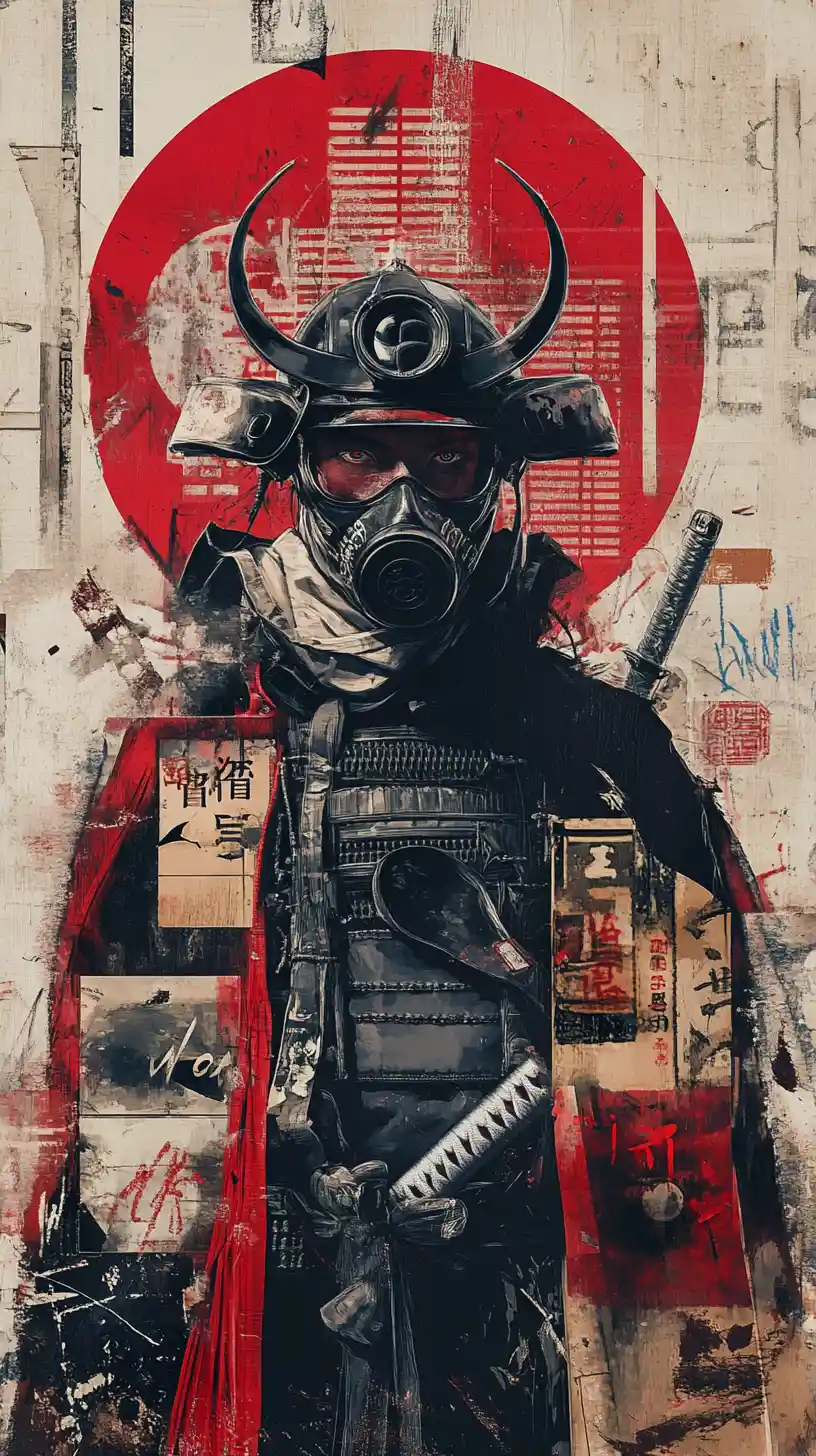 Cyberpunk samurai in gas mask against layered Japanese posters