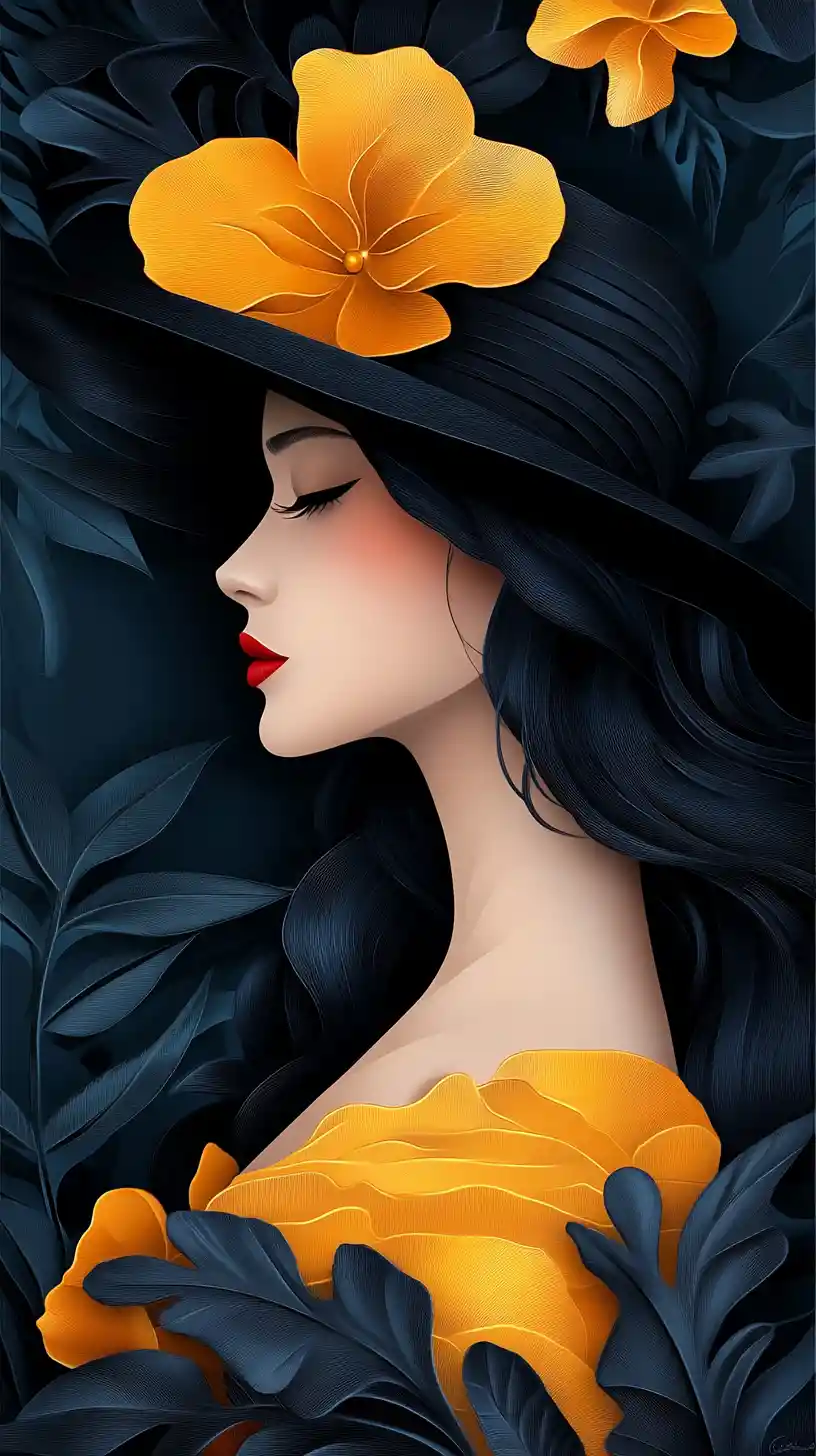 Femme élégante avec chapeau noir sur fond floral en papier découpé